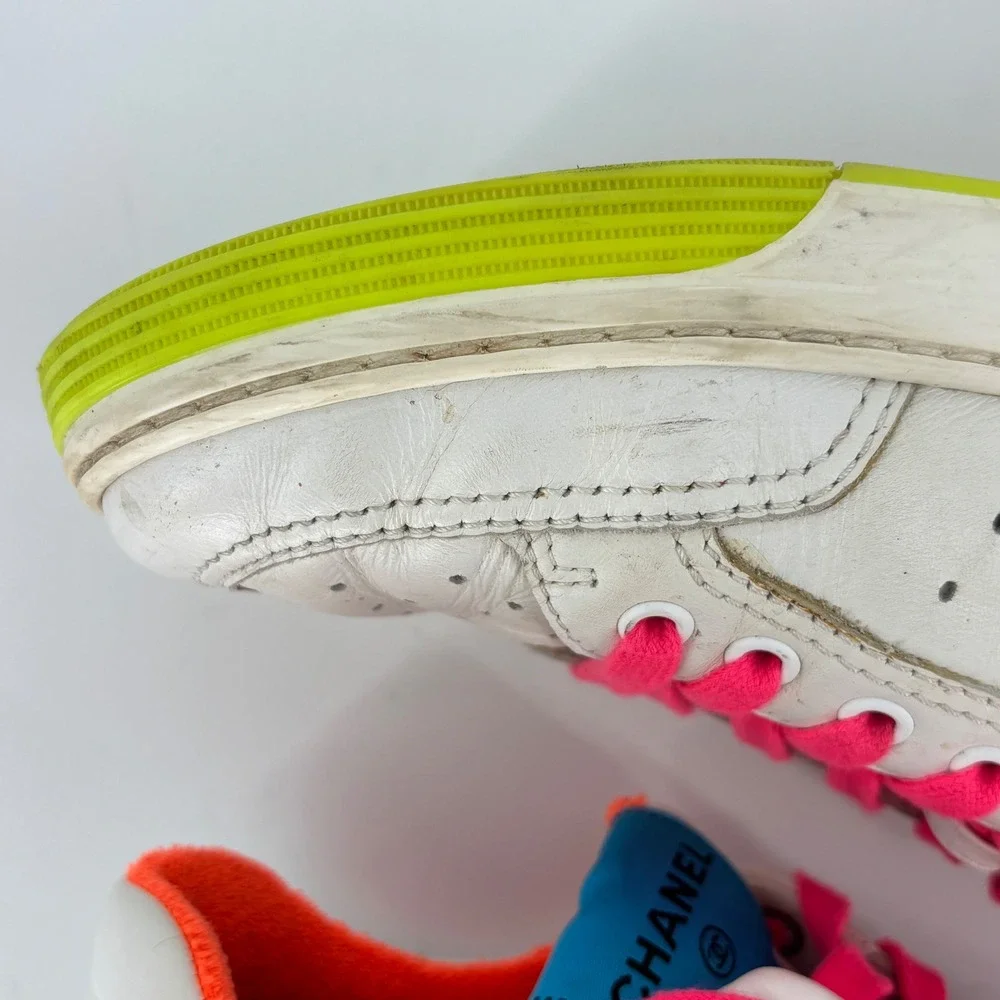 Chanel Calfskin Logo Low Top Sneakers White Neon Women Size 39 Leather Colorful